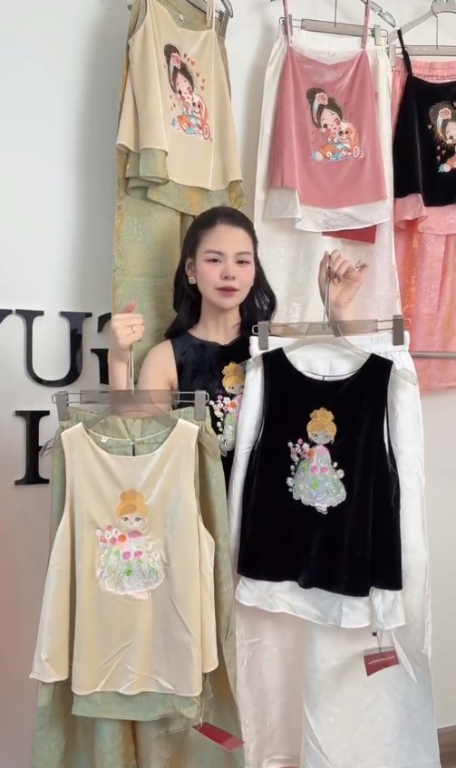 SÉT ÁO HAI DÂY THÊU BÚP BÊ HOA + QUẦN LỤA